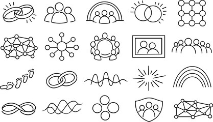 Image Generation. Line vector icons of communal digital presence: shared aura ring, cluster of silhouettes, unity arc, mutual glow