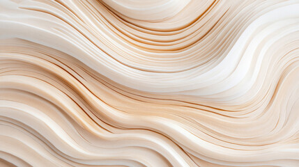 Abstract, flowing, textured surface with warm, light colors, resembling layered wood grain or smooth, undulating waves of cream and tan, creating serene and organic visual experience.