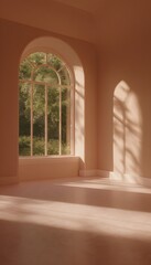 Serene peach room design evokes calm spaciousness bathed in soft garden sunlight a peaceful modern interior aesthetic