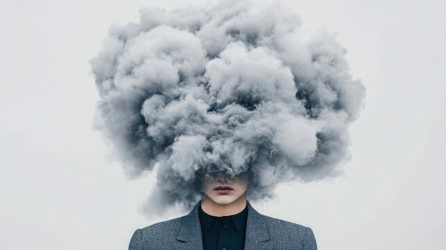 Conceptual portrait of person experiencing brain fog with dense cloud of gray smoke replacing their head, symbolizing overwhelming thoughts, stress, and mental confusion against minimalist background.