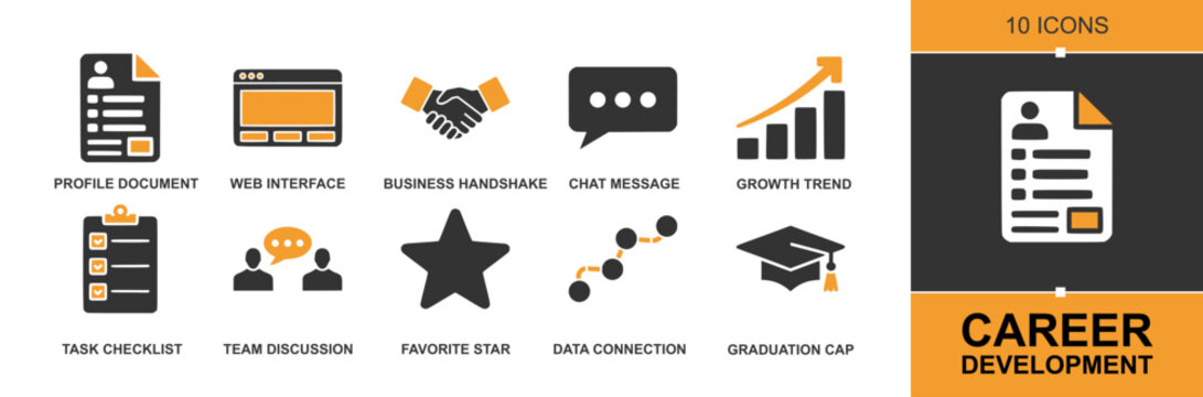 Career Development icon set. Containing profile document, resume web interface, team discussion, chat message, growth trend, graduation cap, star favorite, task checklist and more. Solid vector icons