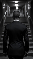 Determined professional in crisp suit, seen from behind, ascending dramatic and well-lit modern staircase, symbolizing ambition, progress, and challenging path to corporate success