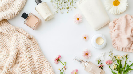 Feminine flat lay featuring luxury cosmetic and skincare bottles, moisturizer, and cozy beige knitwear, accented by fresh pink and white spring blossoms on bright minimal backdrop.