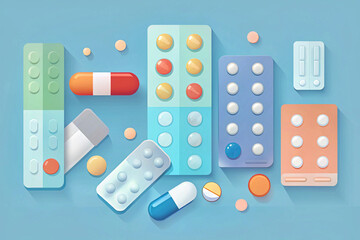 Set of various medications in tablets, blisters, capsules