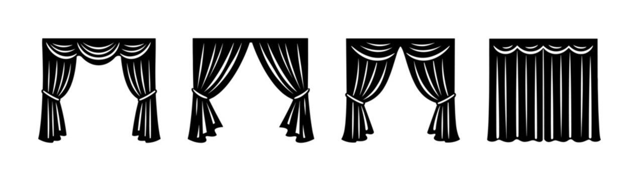 Curtain designs vector icons set: drapery, theater, stage decor silhouettes