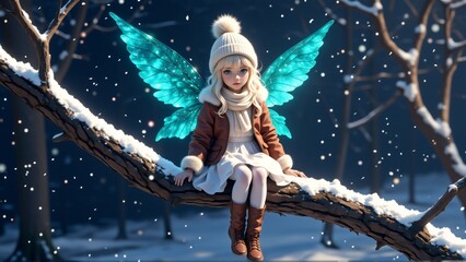 young girl sitting tree branch snowy forest she wearing white hat pom pom top brown jacket white dress brown boots she has long blonde hair blue fairy wings spread out behind her tree branch covered