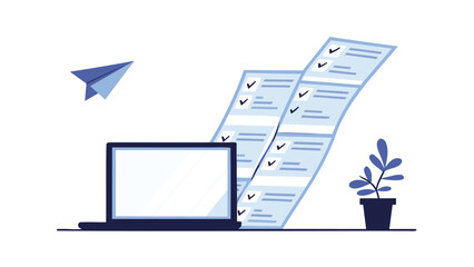 Laptop with checklist and plant on desk symbolizing organization and productivity in a modern workspace with a paper airplane flying by