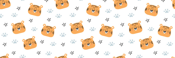 Cute tiger pattern with baby animals in seamless cartoon design. Perfect for kids fabric, safari prints, and childish jungle themed backgrounds with happy characters.