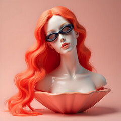 Red-haired female mannequin wearing black sunglasses emerging from a coral shell
