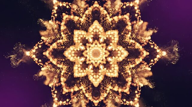 Golden glowing particles form a mesmerizing kaleidoscopic flower shape against a dark purple background for a spiritual meditation concept and abstract luxury animation
