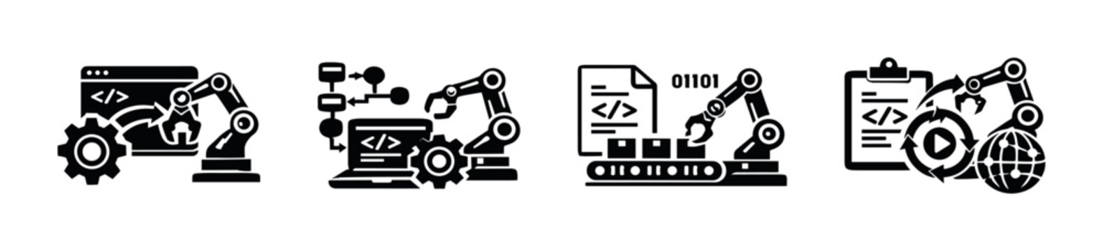 Industrial automation vector icons set, robotics symbols, gearing technology