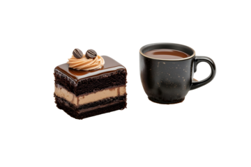 Decadent Chocolate Caramel Layer Cake with Drizzle Chocolate Sauce and Hot Chocolate Coffee mug served in tray dish isolated on white background top vi