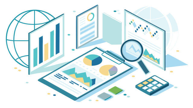 Isometric analytics workspace with angled dashboard graphs charts and magnifying glass on white background for business analysis and data visualization