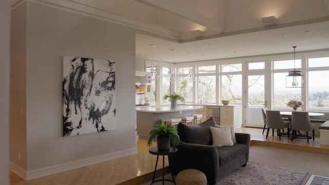 Slow-motion move across luxury modern living room in new construction home