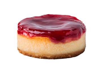 Table with homemade dessert Classic baked Cheesecake with a strawberry topping sauce directly above Close up side view isolated on white background.jpe