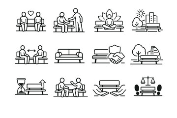 Obraz premium Icon spaces minimalist bench respect vector future shared calm readiness coexistence urban