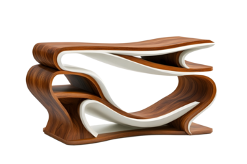 modern curved brown and white study desk bookshelf with elegant carving isolated on white background with clipping path