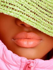 Primer plano de una mujer con sombrero de paja verde y chaqueta acolchada rosa, con labios en tonos melocot&oacute;n. Retrato de moda invernal fresco y vibrante con suaves tonos naturales.