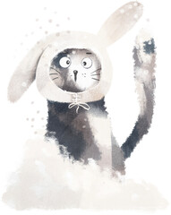 Cute kitten wearing bunny's ears. Funny cat hand drawn illustration
