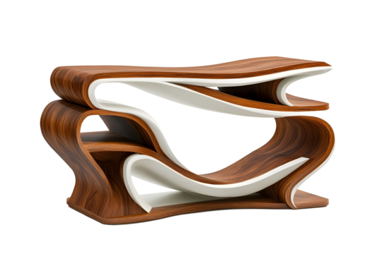 modern curved brown and white study desk bookshelf with elegant carving isolated on white background with clipping path - Powered by Adobe