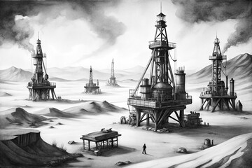 Refining.Oil working towers,oilfield,producing in a sandy desert