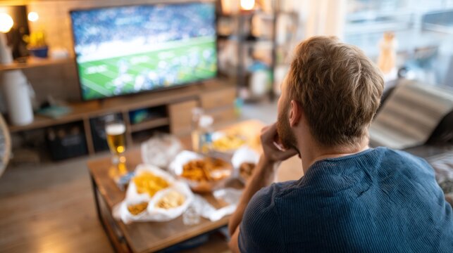Man watching football game on television, surrounded by snacks and drinks, enjoying the excitement of the big game night atmosphere with friends and family