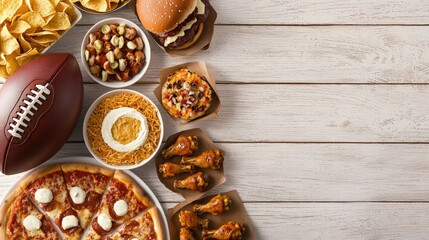 American football themed party spread, pizza, wings, and burgers, arranged on a rustic wooden table with a superbowl centerpiece, perfect for game day celebrations