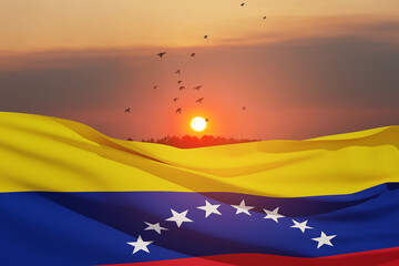 Fototapeta premium Venezuela flag on background of sunset sky with flying birds. Patriotic concept. Banner with place for text.
