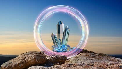 iridescent crystal cluster on dreamy plateau framed by translucent ring with pastel sky and rocky foreground creating surreal peaceful atmosphere