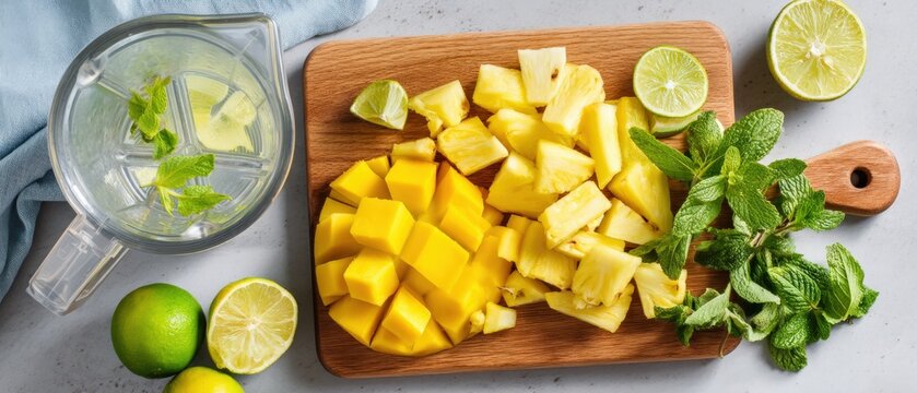 Freshly cut mango and pineapple pieces on a wooden cutting board, with lime wedges and mint leaves, alongside a pitcher of infused water, creating a vibrant summer scene