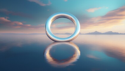 floating ring reflective ring surreal plain iridescent surface calm water cloudy sky horizon light dreamy atmosphere minimal composition
