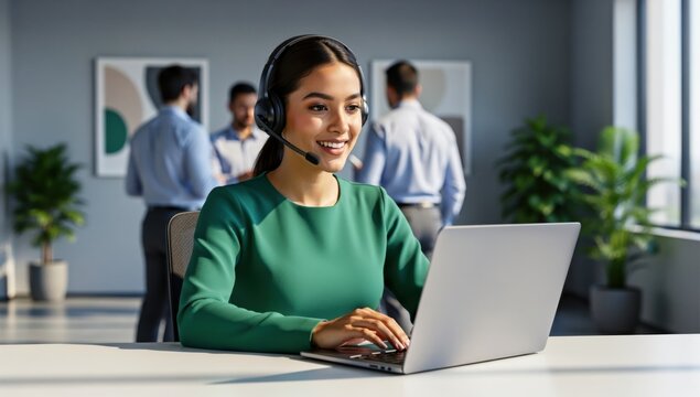 Smiling customer service representative wearing a headset and typing on a laptop in an office