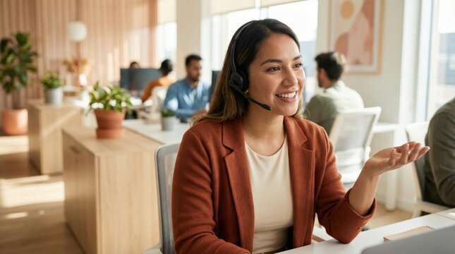 Smiling woman with headset working in a modern call center office environment - Powered by Adobe