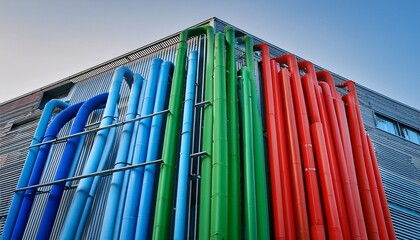 Fototapeta premium colorful industrial pipes in red blue and green are prominently displayed against modern building facade showcasing vibrant and functional design