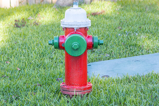 A red fire hydrant, installed on a residential street in the United States, surrounded by green grass. The image represents public safety, urban infrastructure, and fire prevention.