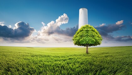 hopeful view of carbon capture tower and green tree in farmers field sky with clouds backgrounds technology and nature concept for sustainability and future growth