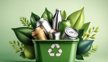 recycling bin with paper can bottle and aluminum cans surrounded by leaves and flowers conveying eco friendly habit