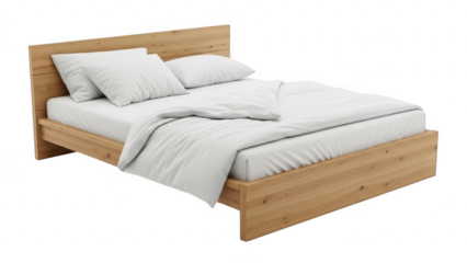 Modern wooden bed with white bedding isolated on transparent background