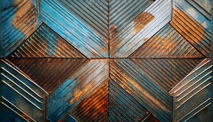 rustic abstract geometric metal wall texture with angular patterns and weathered surface