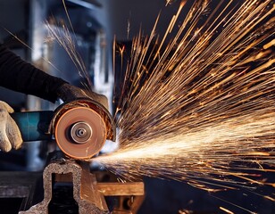 handheld grinder producing bright metal sparks while cutting steel at high speed dynamic motion and industrial energy captured in low light