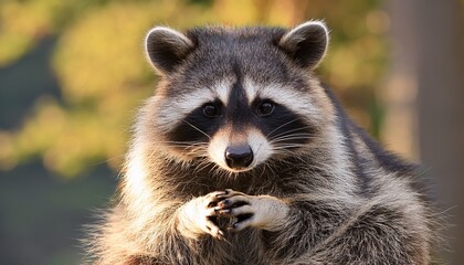 close up photo of a raccoon sitting calmly with hands folded thoughtful expression on a soft focus background