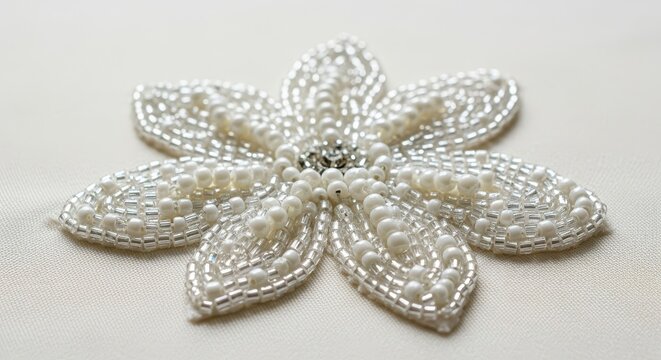 Detailed macro photograph showing sparkling white beads sewn onto soft ivory material creating a delicate abstract or floral pattern for luxury design, cream, lace, abstract
