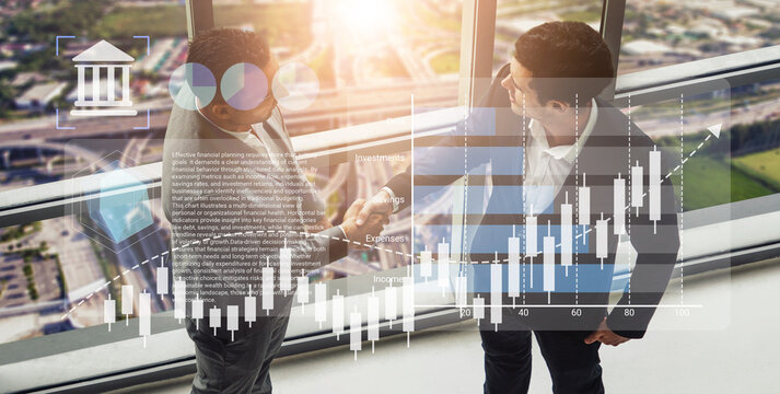 Two business professionals engage in a firm handshake within a contemporary office, accompanied by data visualization elements that represent analytics and future growth. Gantry - Powered by Adobe
