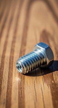 Durable metal camp screw fastener resting on a wooden surface, highlighting essential utility for outdoor shelter assembly and adjustment, rugged, connector, fastener
