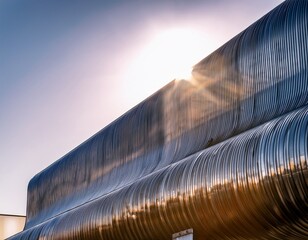 shiny silver metallic pipes reflecting sunlight on modern building exterior showcasing industrial design and architecture smooth surface and sleek lines create futuristic appearance