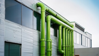 modern building with vivid green pipes creating eco friendly industrial aesthetic pipes contrast against white facade showcasing high fidelity design