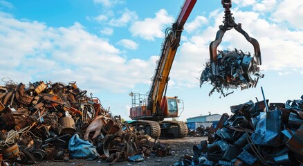 A large excavator lifts scrap metal against a cloudy sky, piles of rusty metal below