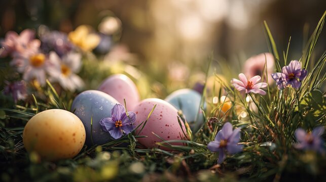 Colorful Easter eggs nestled in green grass with spring flowers in golden sunset light