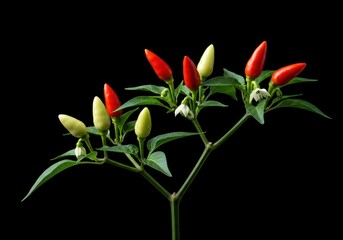 Vibrant chili plant showcasing tiny white blossoms, immature white peppers, and fiery red ripe chilies essential for flavorful, spicy cuisine, hot, fiery, pepper
