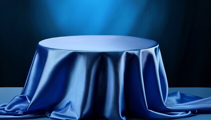 blue satin covered round table with smooth draping on a dark background display and presentation concept for design of banners posters and luxury commerce